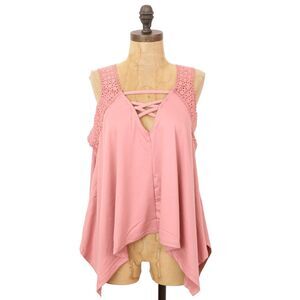 CAPELLA Sharkbite Asymmetric Hem Lace Up Tank Top L Pink Stretch NWT B66